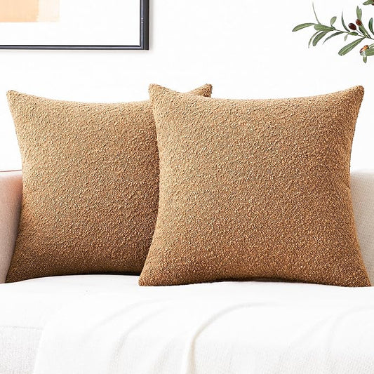 Mixhug Decorative Boucle Throw Pillow Covers, Tobacco Brown, 20 x 20 Inches, Pack of 2 - Textured Boho Pillow Covers for Couch and Bed