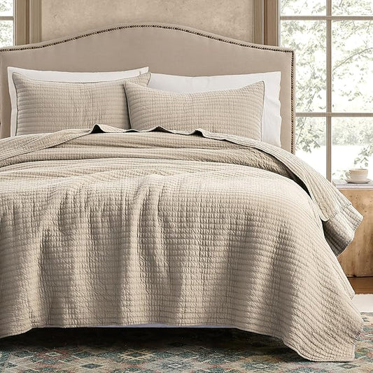 WDCOZY 100% Cotton Oversized King Size Quilt Set - Beige California Cal King Striped Pick Stitch Soft Lightweight Bedspread, Textured Like Linen, Farmhouse Country Rustic Coverlet, 3 Pieces