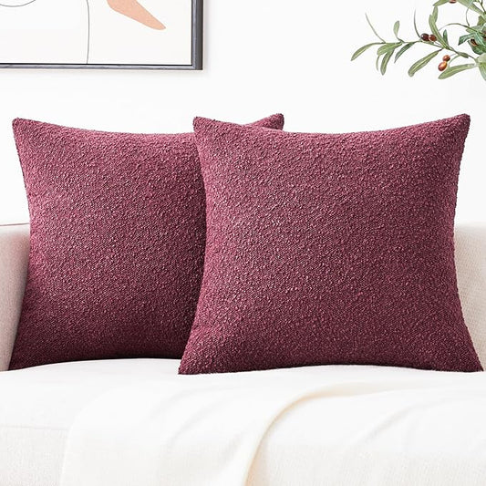 Mixhug Decorative Boucle Throw Pillow Covers, Burgundy Red, 20 x 20 Inches, Pack of 2 - Textured Boho Pillow Covers for Couch and Bed