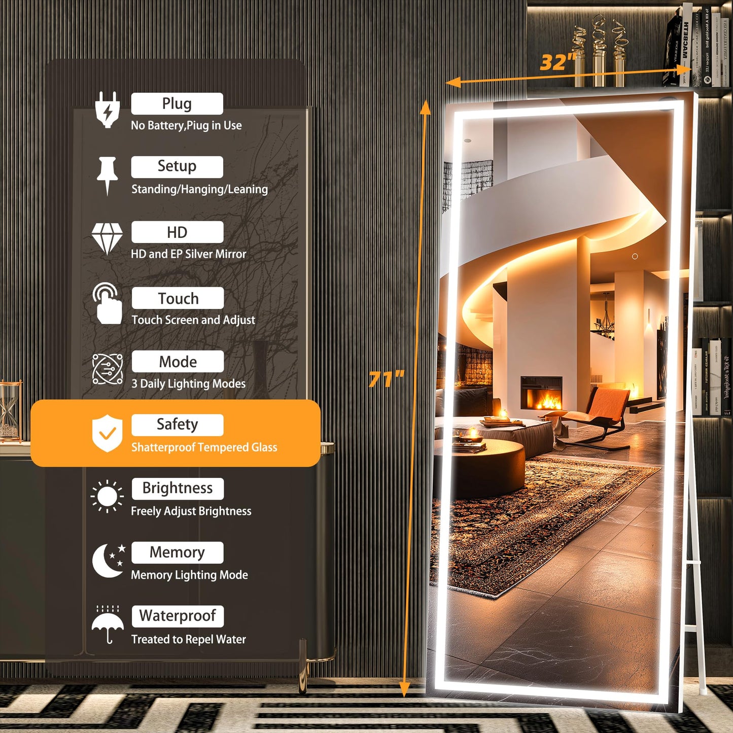 Hasipu Full Length Mirror with Lights, 71" x 32" LED Lighted Floor Standing, Full Body Dressing Hanging Mounted Mirror, Tempered Glass, Square White