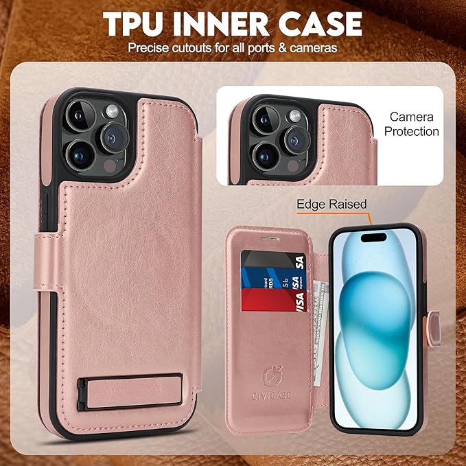 CIVICASE for iPhone 14 Pro Wallet Case with Stand,PU Leather Flip Credit Card Holder Slots (RFID Blocking),Compatible with Magsafe Magnetic Holder Phone Cover Women Men,Rose Gold
