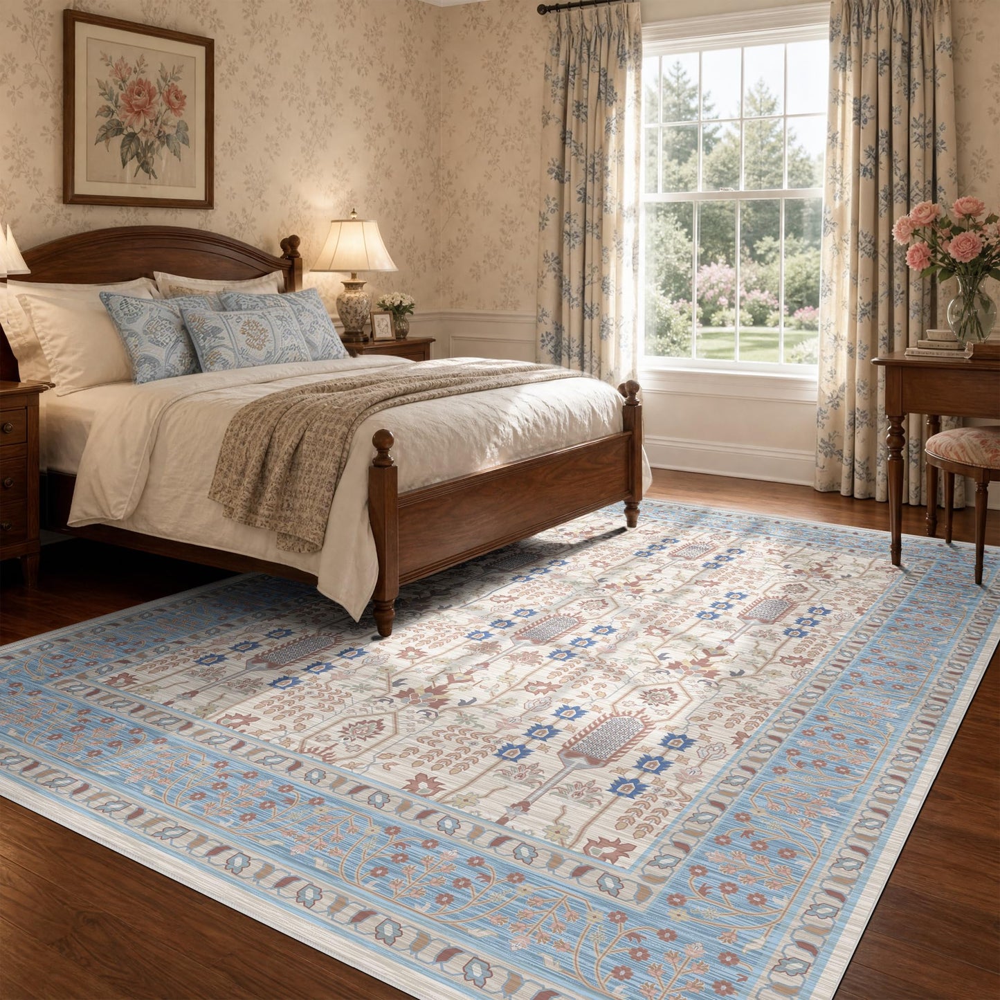 Deerly 5x7 Area Rugs Living Room, Low Pile Ultra Soft Rugs with Non-Slip Backing Machine Washable Vinatge Boho Carpet for Bedroom Playroom Nurseryroom, Kid & Pet Friendly Print Floor Beige Rug 5x7ft