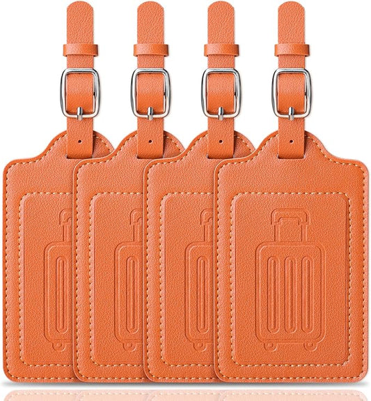 Teskyer Luggage Tags for Suitcases, TSA Approved with Privacy Protection Cover, Premium Faux Leather Bag Tags for Travel - 4 Pack, Orange