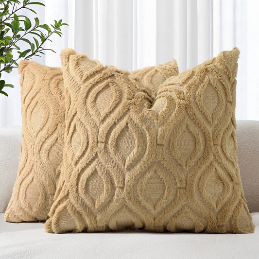 decorUhome Throw Pillow Covers 20x20 Inch Set of 2, Soft Plush Faux Wool Light Brown Khaki Solid Couch Pillow Covers, Accent Farmhouse Neutral Square Pillow Cases for Sofa Bed Living Room