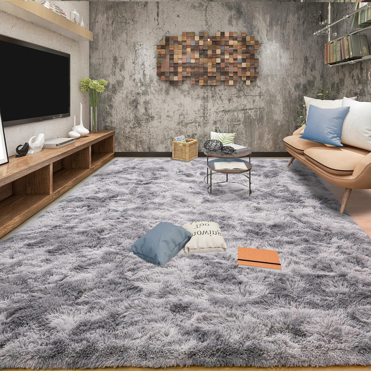 Tepook Area Rugs 10x14 for Living Room, Super Soft Fluffy Rugs for Bedroom, Modern Shaggy Rug Fuzzy Carpets for Kids, Plush Indoor Nursery Home Decor Rug with Non-Slip Bottom, Tie-Dyed Light Grey