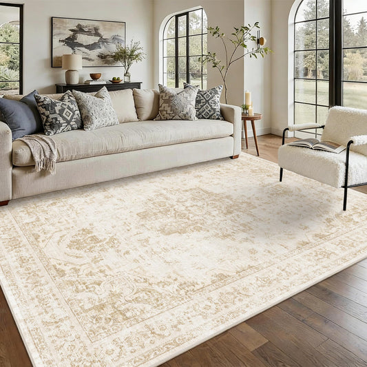 DUIDY 5x7 Vintage Washable Area Rugs Boho Medallion Large Distressed Retro Accent Carpet Floral Non-Slip Soft Low Pile Indoor Throw Rug for Living Room Bedroom Dining Room Office Kitchen, Beige