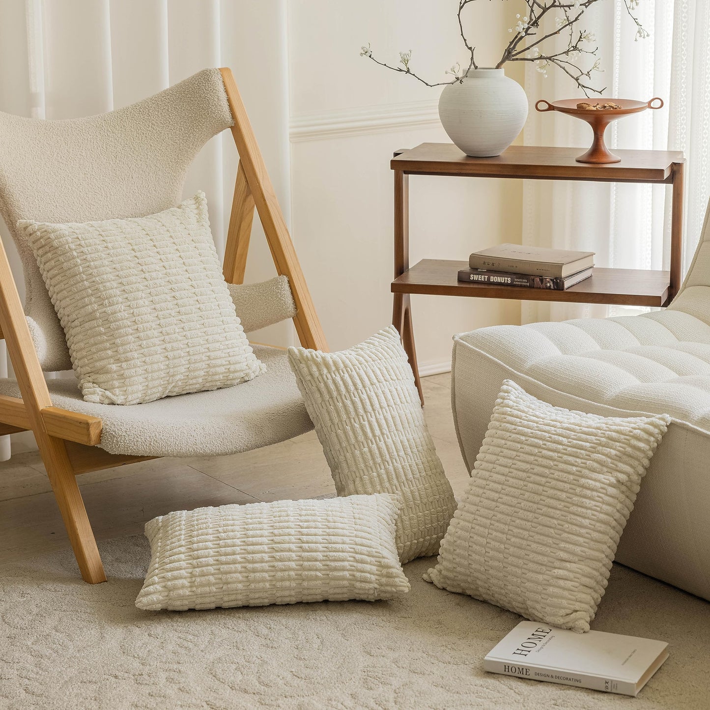 Home Brilliant Pillow Covers 24x24 White Decorative Corduroy Striped Euro Pillow Shams Soft French Cream Plush Pillow Cases for Sofa Bedroom Bed Couch, Set of 2, 24 x 24 inch, Cream