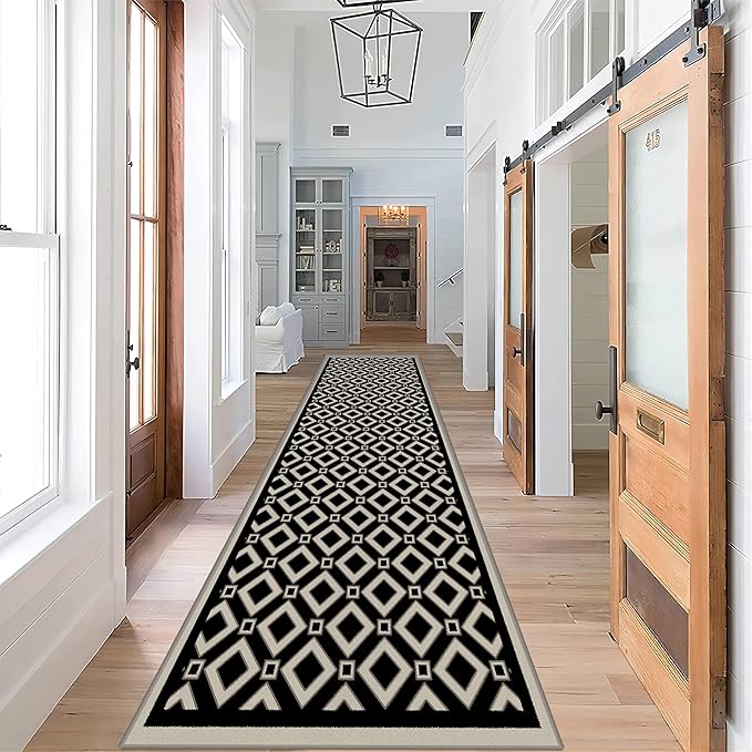 Moroccan Trellis Bedroom Area Carpets, 2.6x10ft, Modern Checkered Washable Hallway Runner Rugs, with Non Slip Backing Durable Cozy Low Pile Rug for Kitchen Bath Room Laundryroom