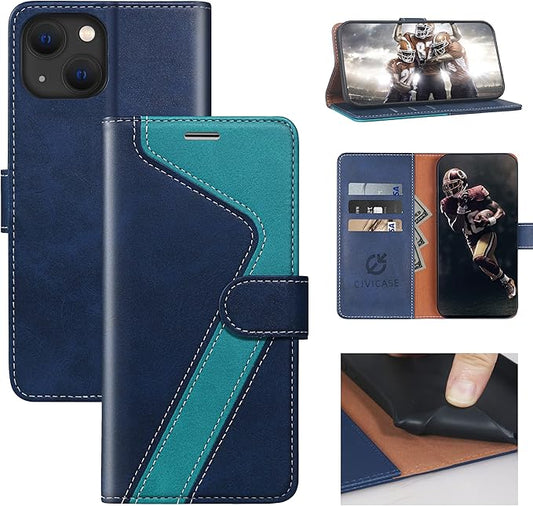 CIVICASE for iPhone 13 Wallet Case,Leather Flip Case [RFID Blocking] Credit Card Holder Folio Magnetic Stand TPU Shockproof Cover Color Matching for iPhone 13 (6.1") Blue Green