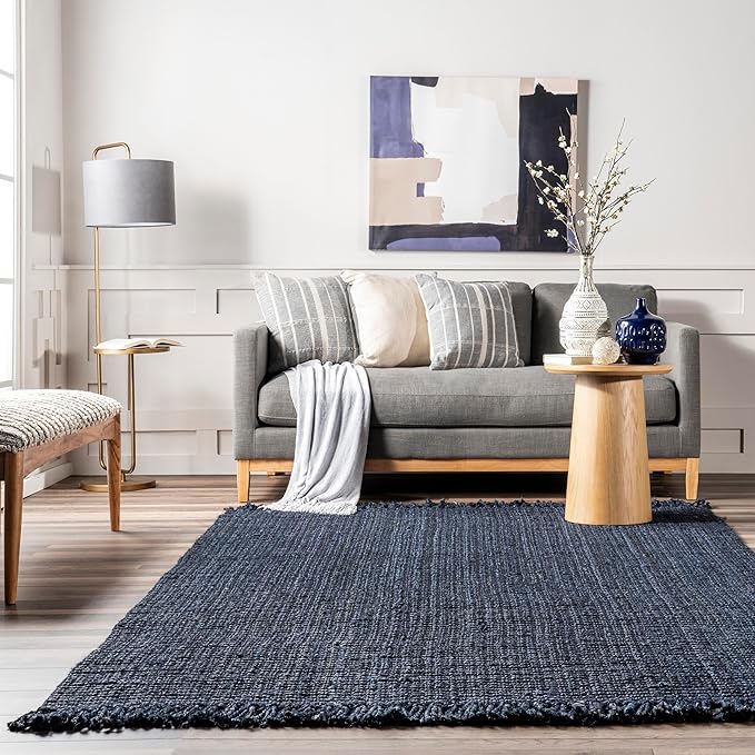 Nuloom Daniela Navy, 7'6" x 9'6", Handmade, Jute, Tassel, Soft and Textured, High Traffic, Stain Resistant, Easy Clean, Durable Area Rug for Bedroom, Living Room, Dining Space, Foyer, Entryway