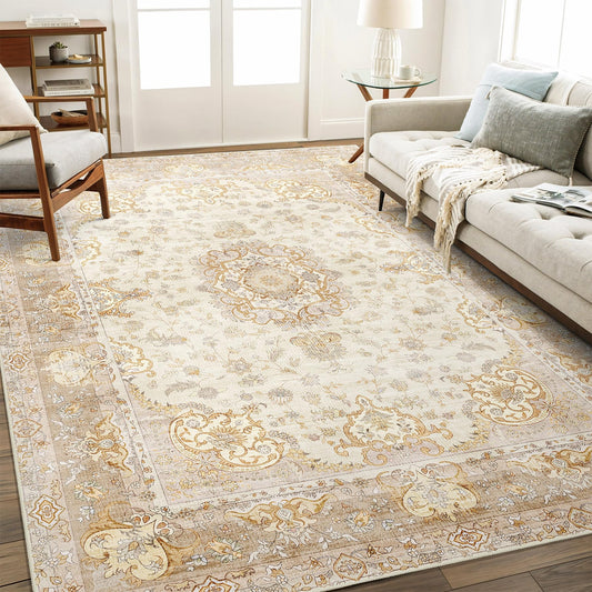 Castage 5'x7' Area Rugs Washable,Boho Rug for Living Room Bedroom,Large Vintage Bohemian Distressed Oriental Carpet Non Slip,Beige Gold Floral