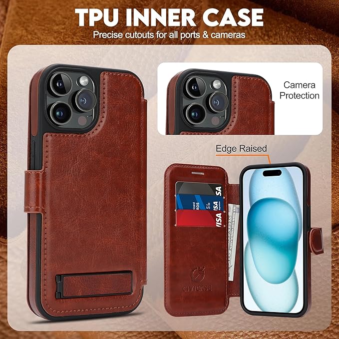 CIVICASE for iPhone 13 Pro Wallet Case with Stand,PU Leather Flip Credit Card Holder Slots (RFID Blocking),Compatible with Magsafe Magnetic Holder Phone Cover Women Men,Dark Brown