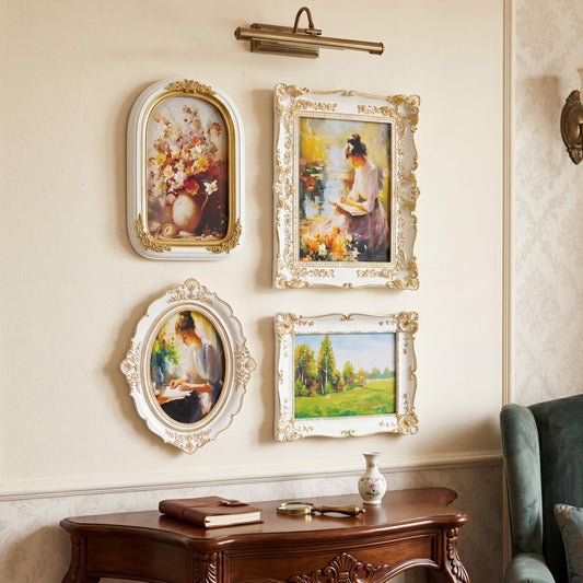 Geetery 4 Pcs Vintage Picture Frames Set for Gallery Wall, White Ornate Baroque Picture Frames, Antique Victorian Decorative Photo Frame for Tabletop or Wall Display, Shabby Cottagecore Home Decor