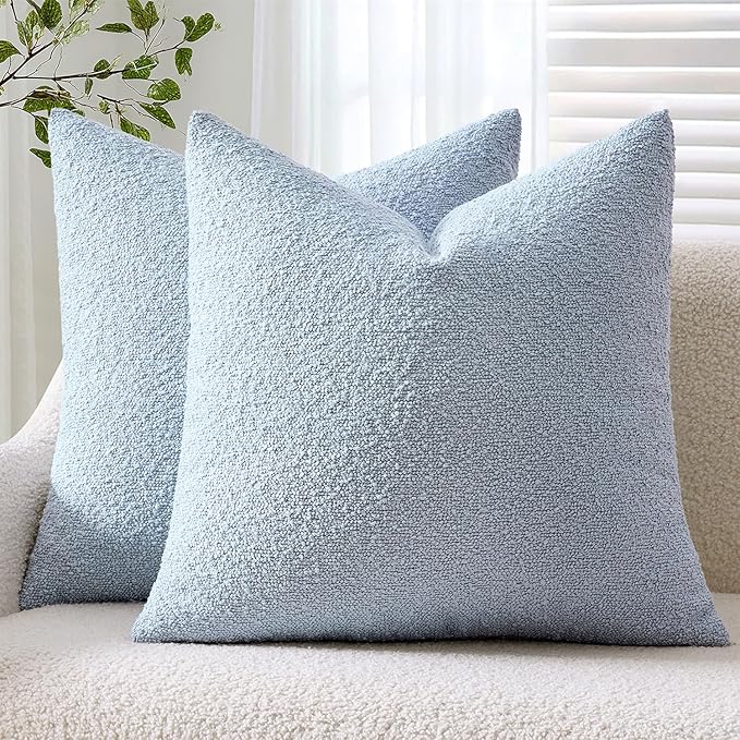 ANRODUO Pack of 2 Textured Boucle Throw Pillow Covers Soft Light Blue Decorative Accent Solid Pillow Cases Cozy Modern Couch Cushion Case for Chair Sofa Bedroom Living Room Home Decor, 18 x 18 Inch