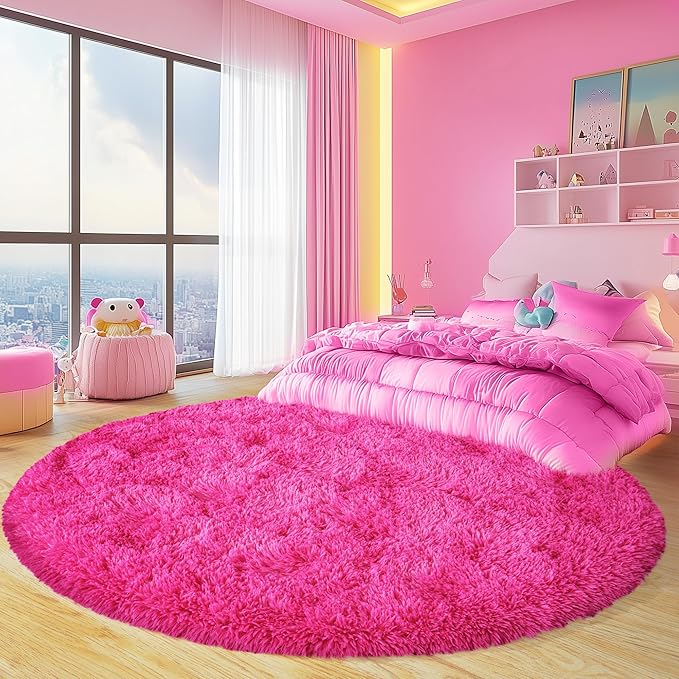 Round Fluffy Rugs 8Ft for Girls Bedroom, Hot Pink Shag Circle Kids Rug Non-Slip for Bedside Dorm Nursery Playroom, Soft Cute Area Rugs for Living Room Decor