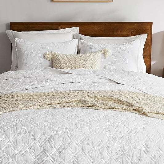 WDCOZY 100% Cotton Twin Size Quilt Set - White Pre-Washed Soft Lightweight Modern Bedspread, Farmhouse Country Rustic Coverlet, Textured Like Linen, Shabby Chic Gauze Bedding, 2 Pieces