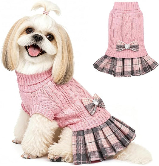 YUDODO Valentines Small Dog Sweater Dress with Bowtie Turtleneck - Knitted Pet Girl Dog Winter Clothes - Pet Warm Sweater for Puppy Yorkies, Chihuahua (L Pink)