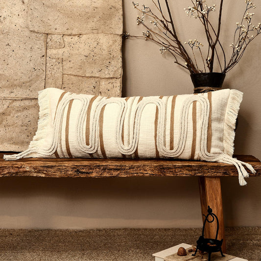 AIBU HOME Decorative Lumbar Pillow Cover 12x28, Handwoven Boho Long Body Pillow for Bed Farmhouse Lumbar Throw Pillow, Cotton Linen Tassel Cushion Case for Sofa, Living Room, Bedroom(Beige)