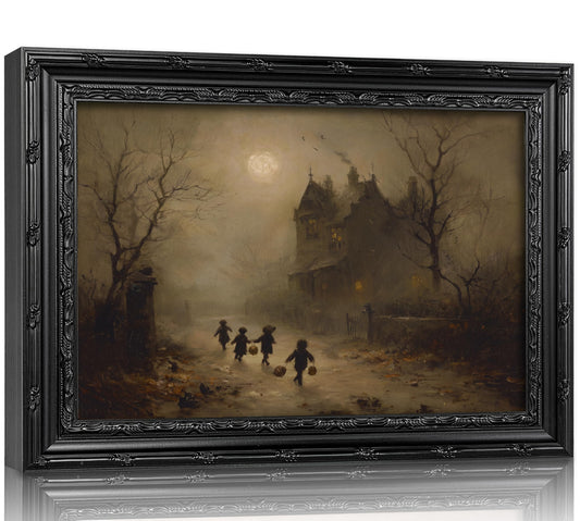Vintage Black Framed Dark Academia Halloween Trick-or-Treat Wall Art,Gothic Haunted House Canvas Print,Moody Victorian Spooky Kids Decor for Bedroom Living Room Halloween Home Wall Decor