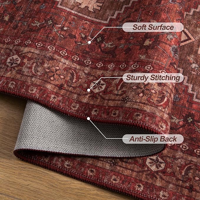 Tangsoo 2x6 Washable Runner Rug for Hallways, Non Slip Vintage Runner Rug, Soft Low Pile Long Rug Runner, Print Distressed Carpet Runners for Kitchen Bedroom Entryway Bathroom Living Room Dark Red