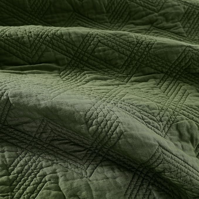 WDCOZY 100% Cotton Twin Size Quilt Set - Olive Green Pre-Washed Soft Lightweight Modern Bedspread, Farmhouse Country Rustic Coverlet, Textured Like Linen, Shabby Chic Gauze Bedding, 2 Pieces