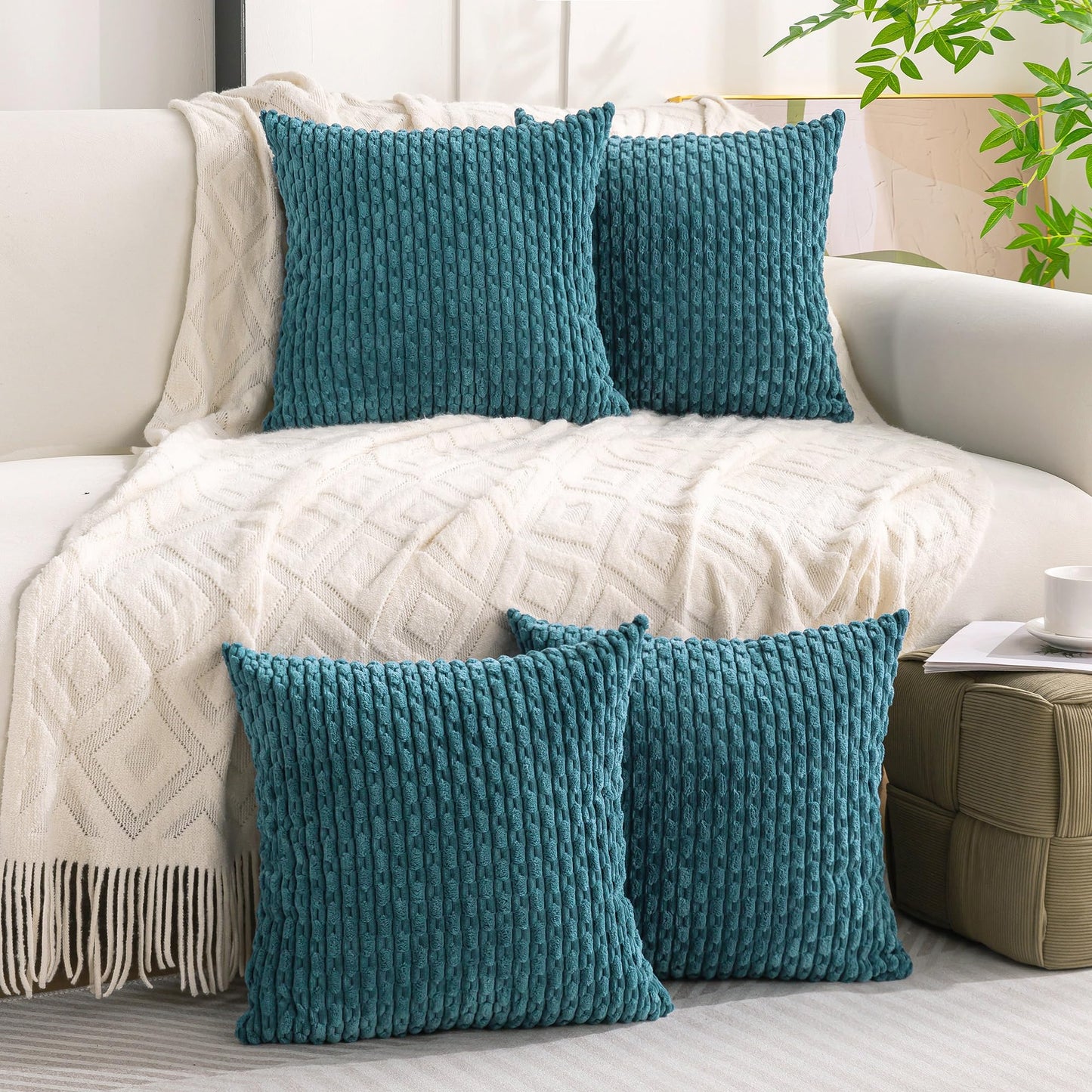 Cozoomy Set of 4 Teal Decorative Throw Pillow Covers 20x20 Inch Corduroy Pillow Covers for Bed Couch Sofa Living Room Soft Square Cushion Cases
