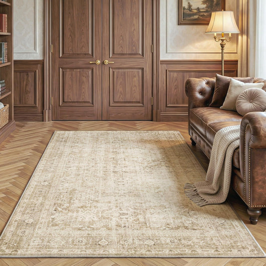 FMFUNCTEX 5x7 Washable Area Rug Beige Neutral Vintage Distressed Oriental Large Non Slip Carpet for Living Room Bedroom Traditional Retro Soft Low Pile Indoor Rugs for Dining Room Office Nursery