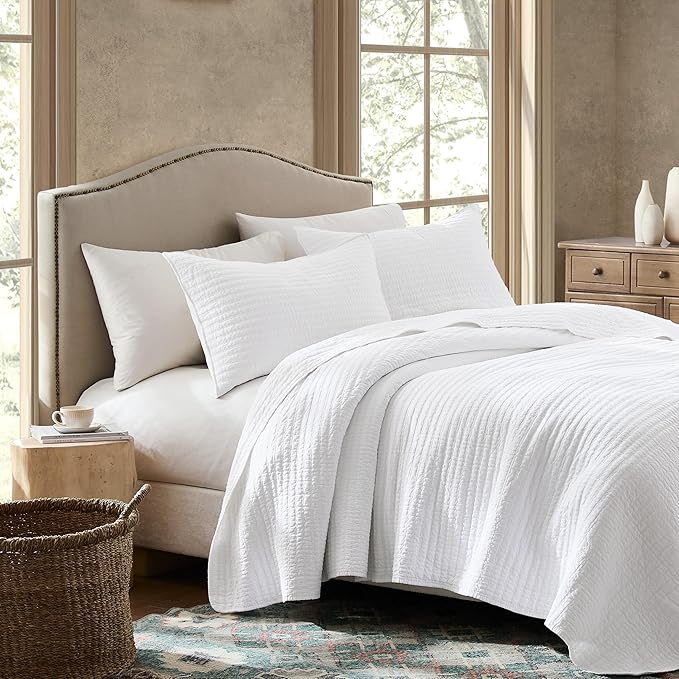 WDCOZY 100% Cotton King Size Quilt Set - White Striped Pick Stitch Soft Lightweight Bedspread, Textured Like Linen, Farmhouse Country Rustic Coverlet, Shabby Chic Gauze Bedding, 3 Pieces