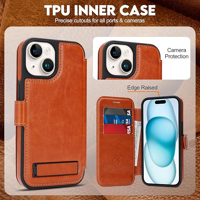 CIVICASE for iPhone 13/iPhone 14 Wallet Case with Stand,PU Leather Flip Credit Card Holder Slots (RFID Blocking),Compatible with Magsafe Magnetic Holder Phone Cover Women Men,Brown