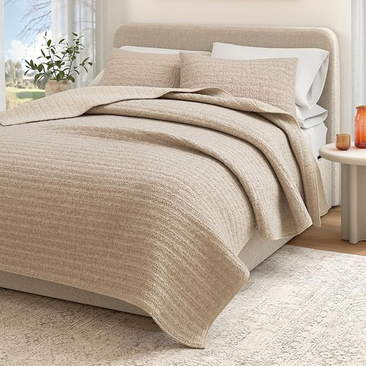 Great Bay Home Full/Queen Size Taupe 100% Cotton Honeycomb Waffle Quilt and Sham Set - Garment Washed, Waffle Weave Like Texture, Lightweight 3-Piece Bedding Set (Cappuccino)