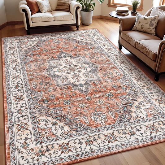 Keeko 5'x7' Vintage Floral Area Rug for Living Room, Soft Washable Low-Pile Carpet with Non-Slip Backing, Non-Shedding Distressed Farmhouse Rug for Bedroom, Dining Room, Nursery & Home Office