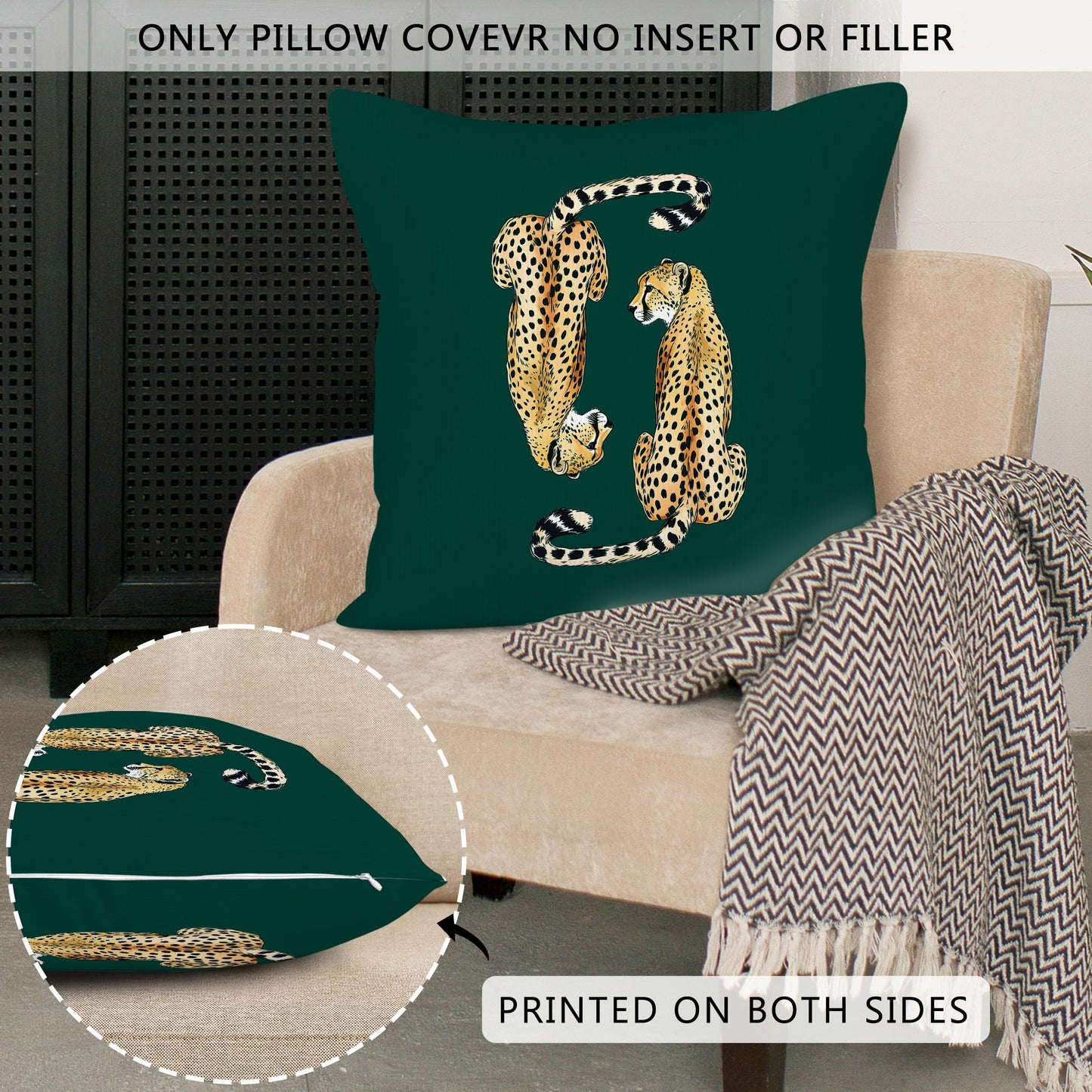 SYLLHRZGB Preppy Cheetah Leopard Throw Pillow Covers 18x18 Set of 2, Dark Hunter Emerald Green Funky Decor Decorative Pillow Cover Cases, Trendy Decor Cushion Cover Pillowcases for Couch Living Room