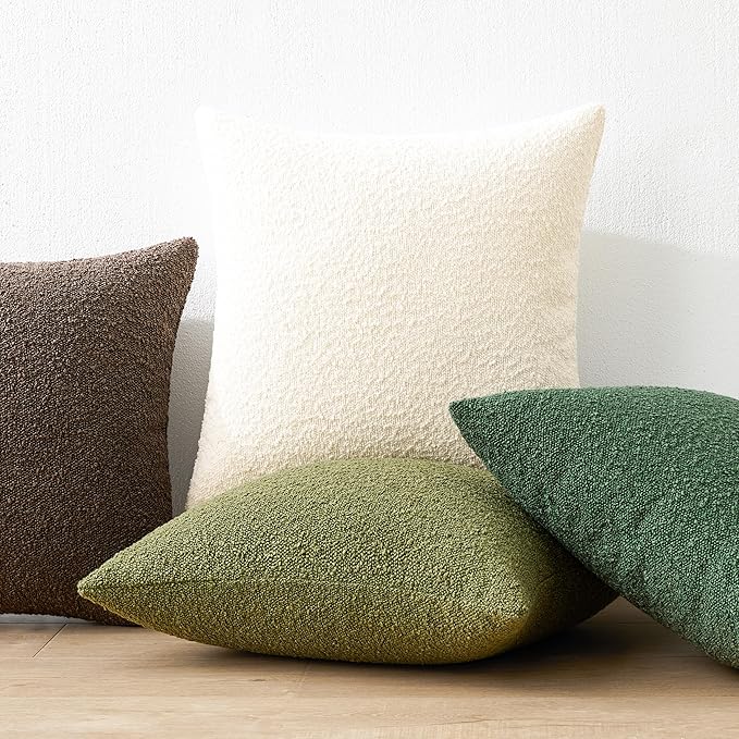 Mixhug Decorative Boucle Throw Pillow Covers, Forest Green, 18 x 18 Inches, Pack of 2 - Textured Boho Pillow Covers for Couch and Bed