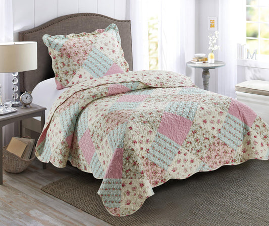 Brilliant Sunshine Pink and Green Roses Quilt Twin Size, Patchwork Design Bedding Set with Sham, Reversible Bedspread, Soft Lightweight Coverlet for All Seasons (68"x90")