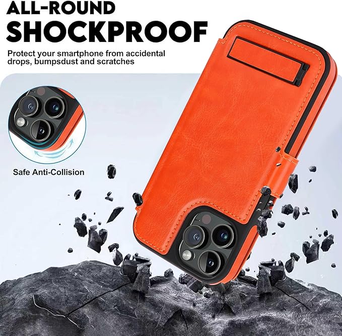 CIVICASE for iPhone 13 Pro Wallet Case with Stand,PU Leather Flip Credit Card Holder Slots (RFID Blocking),Compatible with Magsafe Magnetic Holder Phone Cover Women Men,Orange