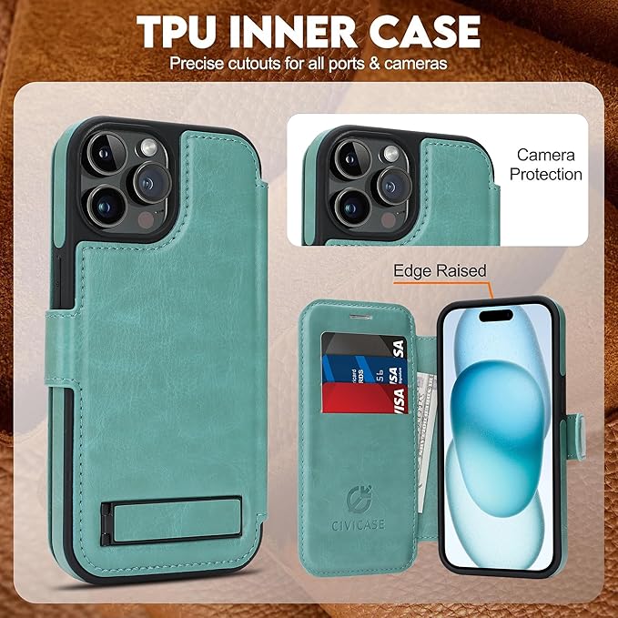 CIVICASE for iPhone 13 Pro Max Wallet Case with Stand,PU Leather Flip Credit Card Holder Slots (RFID Blocking),Compatible with Magsafe Magnetic Holder Phone Cover Women Men,Green