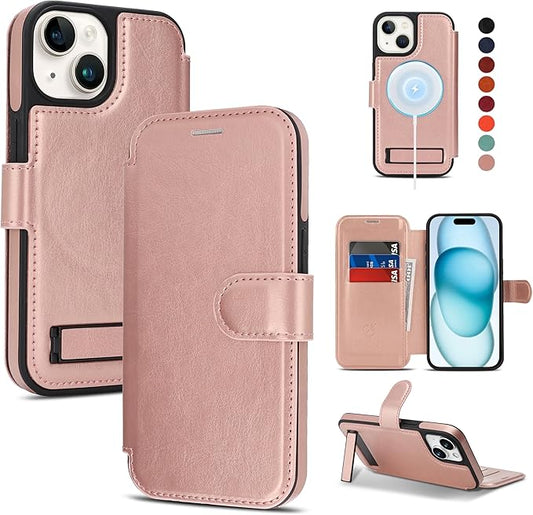 CIVICASE for iPhone 15 Wallet Case with Stand,PU Leather Flip Credit Card Holder Slots (RFID Blocking),Compatible with Magsafe Magnetic Holder Phone Cover Women Men, Rose Gold