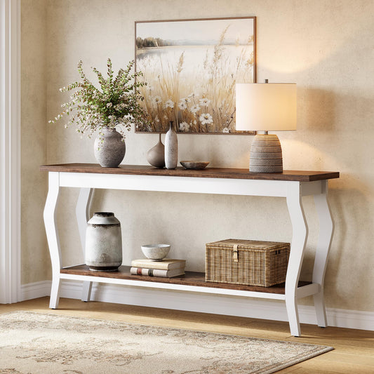 LITTLE TREE 70.9 Inches Long Console Table, 2-Tier Vintage Wooden Sofa Table Behind The Couch with Metal Legs for Hallway, Entryway, Living Room, Brown & White
