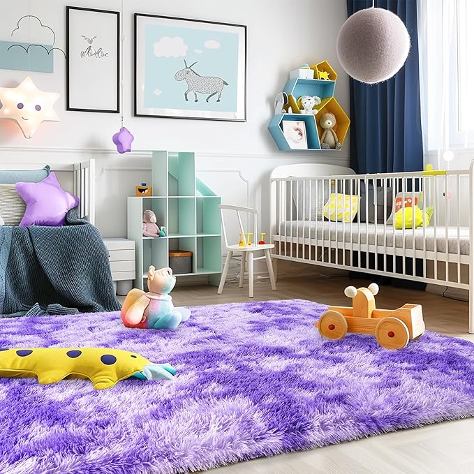 Ultra Fluffy Rug for Living Room Bedroom, 5x7 Fuzzy Large Area Rug for Living Room, Plush Soft Shag Carpet for Girl Boy Kids, Non Slip Rug Modern Indoor Home Decor Aesthetic, Tie-Dyed Purple