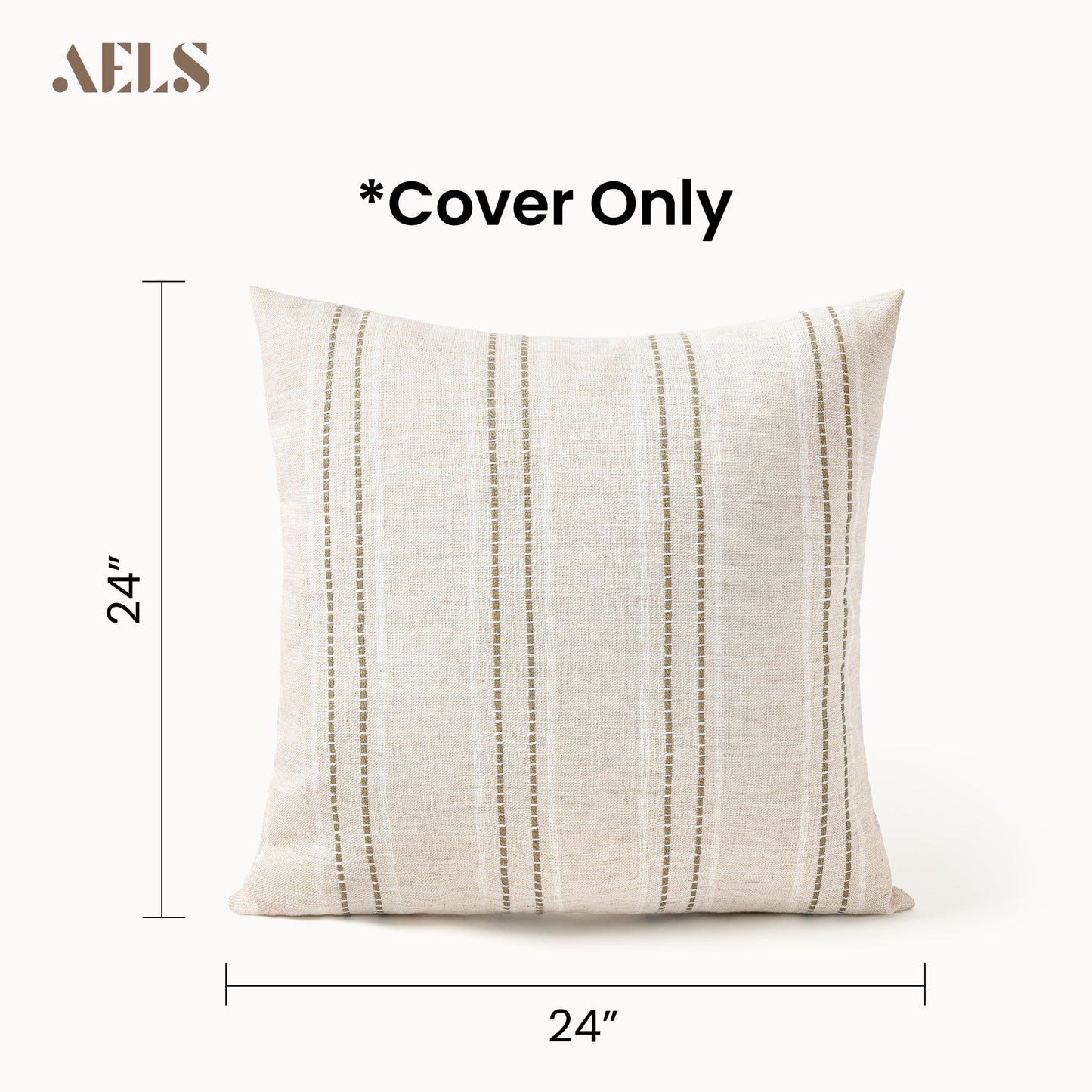 AELS 24x24 Decorative Farmhouse Linen Blend Throw Pillow Covers, Boho Textured Pillow Case, Set of 2, Beige with White & Brown Stitch Yarn Dyed Stripe Cushion Cover for Sofa Living Room (Cover ONLY)