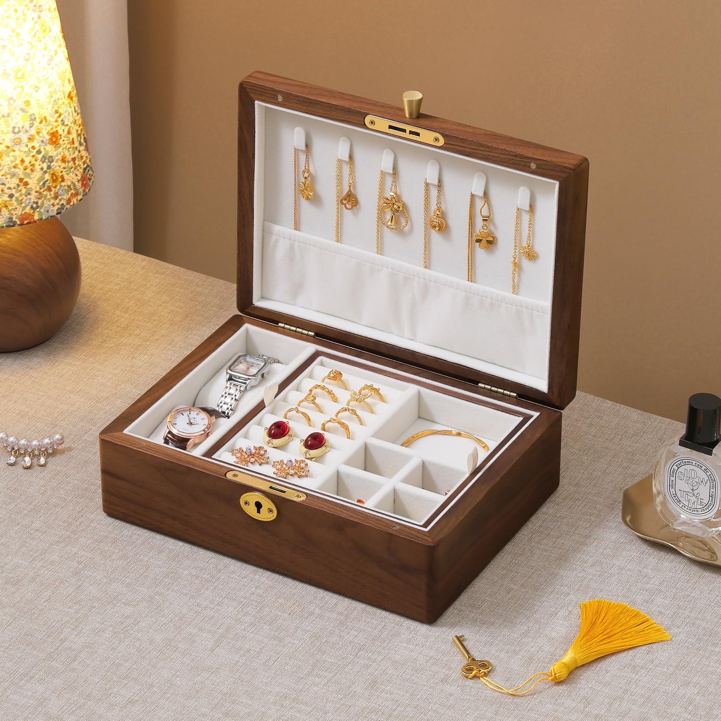 Black Walnut Wooden Jewelry Box with Lock, 2 Layer Natural Solid Wood Jewelry Organizer with Removable Tray, Velvet Lined Storage for Necklace Ring Earrings Watch Bracelet, Gifts for Mom Women Girl