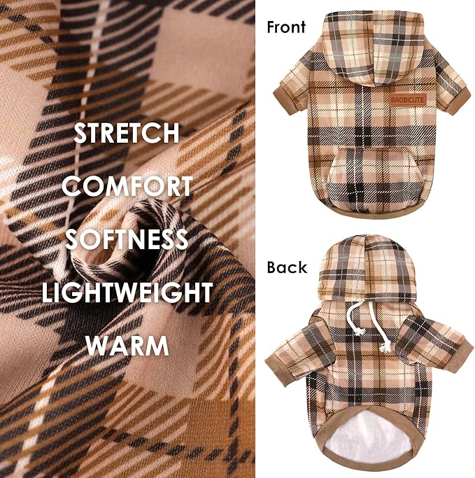 BAOBICUTE Dog Basic Hoodie Soft Dog Clothes Cold Weather Sweaters for Medium Large Dogs Cozy Fabric Warm Sweatshirt with Leash Hole (Khaki Plaid, XS (Back: 10.24",Chest: 14.96", Neck: 11.42"))