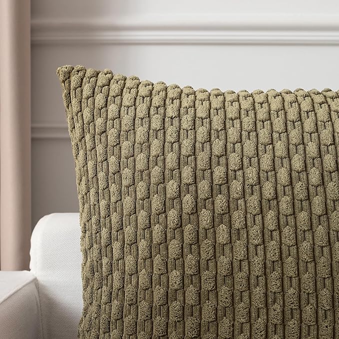 Kevin Textile 2 Packs Olive Green Euro Farmhouse Decorative Throw Pillow Covers 26x26 Inch for Living Room Couch Bed Sofa Rustic Boho Home Decor Soft Striped Corduroy Square Cushion Case 66x66 cm