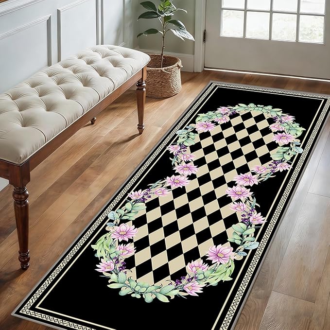 Vintage Farmhouse Checkered Hallway Carpet, 2x7ft, Elegant Floral Flower Checkerboard Indoor Throw Rugs, Absorbent Washable Foldable No Crease High Traffic Mat for Laundryroom Floor