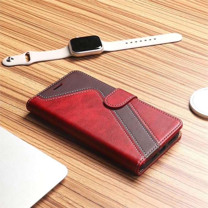 CIVICASE for iPhone 13 Wallet Case,Leather Flip Case [RFID Blocking] Credit Card Holder Folio Magnetic Stand TPU Shockproof Cover Color Matching for iPhone 13 (6.1") Red Brown