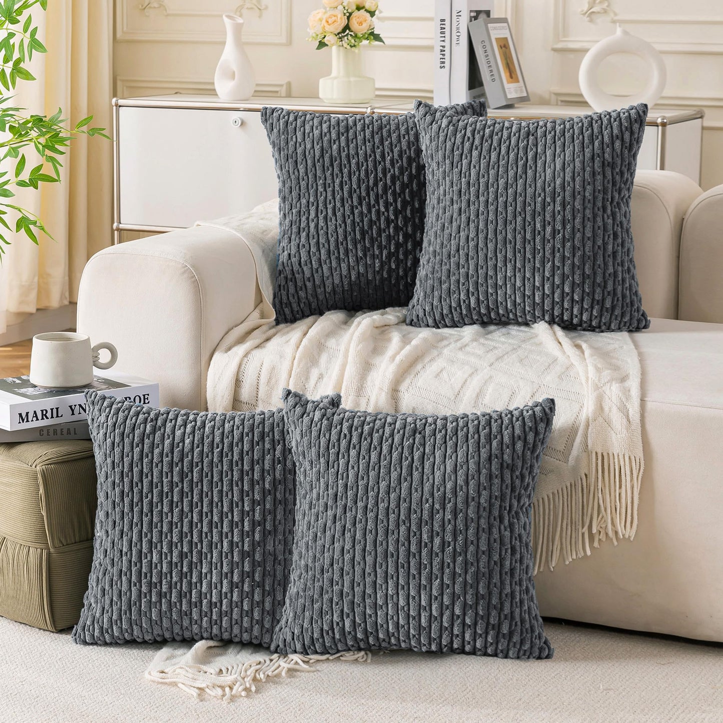 Cozoomy Set of 4 Medium Grey Decorative Throw Pillow Covers 20x20 Inch Corduroy Pillow Covers for Bed Couch Sofa Living Room Soft Square Cushion Cases