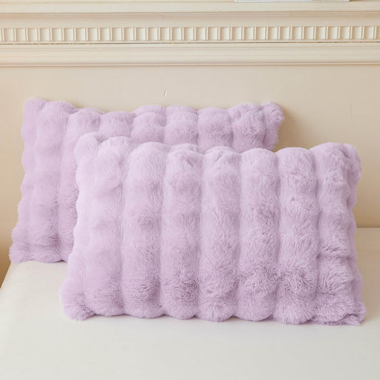 LIFEREVO 2 Pieces Fluffy Faux Rabbit Fur Pillow Cases, Luxury Soft Plush Shaggy Bubble Pillowcases Standard Size with Zipper, Furry Fuzzy Long Pillow Shams for Adult Girls Kids Teens 20x26, Lavender