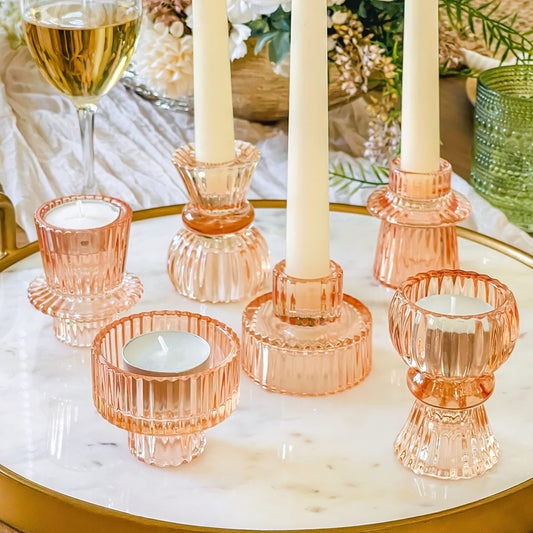 Kate Aspen Glass Taper Candle Holder Set of 6 - Rose Gold Ribbed Vintage Candlestick Votive Pillar Decorative Centerpiece for Dining Table Shelf Decor