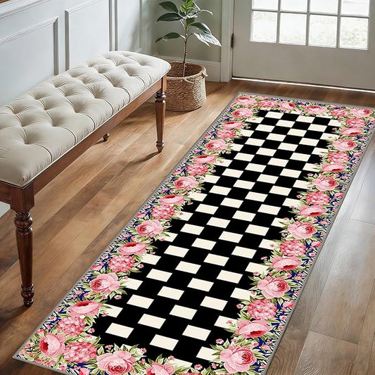 Checkered Floral Design Runner Rug for Entryway, 2.6x10ft, Pink Rose Luxury Fall Decor Area Carpets for Bedroom, Absorbent Machine Washable Shed Resistant Non-Slip Throw Rugs for Entry