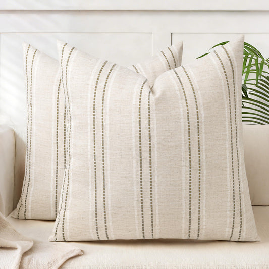 AELS 24x24 Decorative Farmhouse Linen Blend Throw Pillow Covers, Boho Textured Pillow Case, Set of 2, Beige with White & Brown Stitch Yarn Dyed Stripe Cushion Cover for Sofa Living Room (Cover ONLY)
